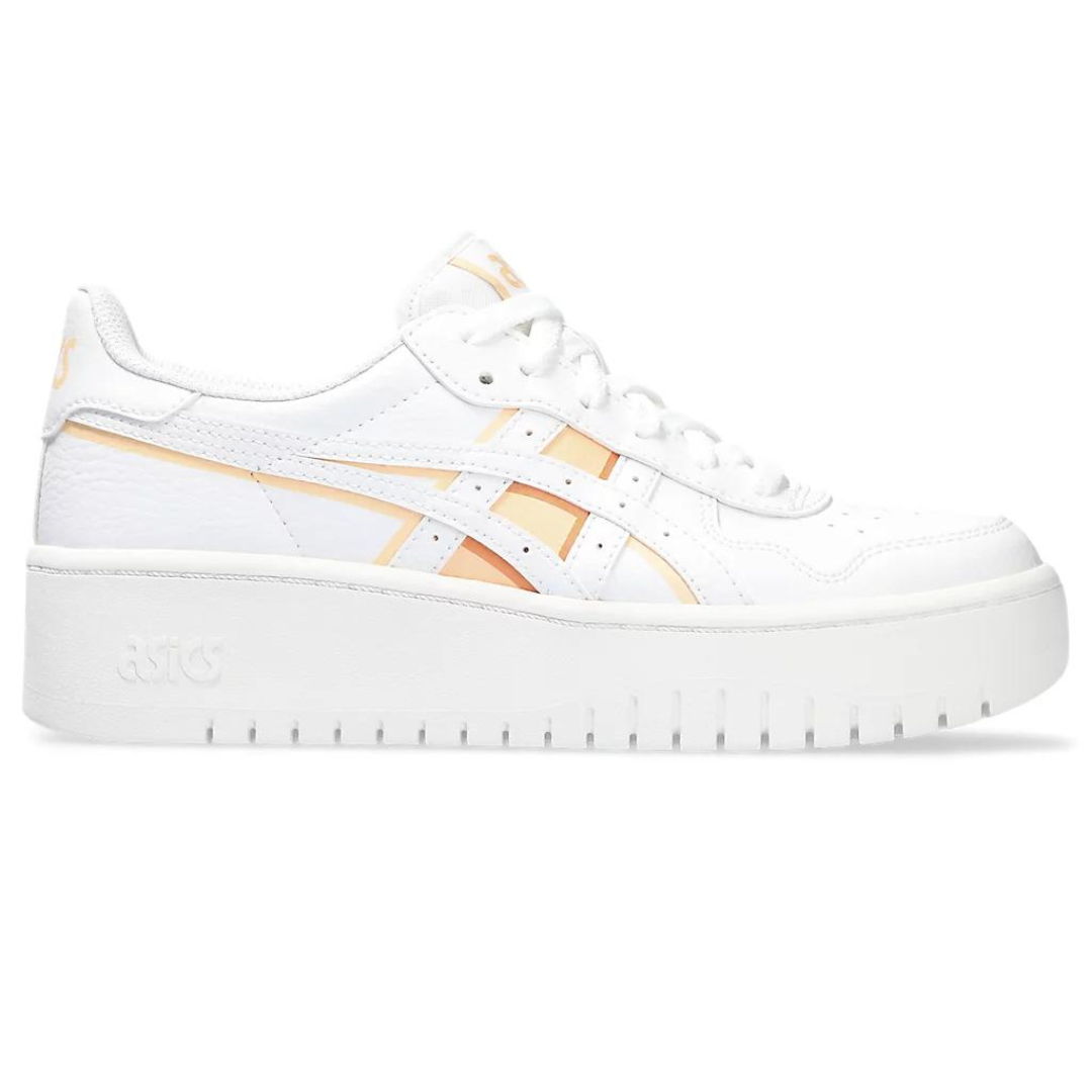 White ASICS sneaker with elevated platform sole and pale orange accents.