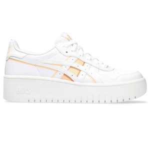 White ASICS sneaker with elevated platform sole and pale orange accents.