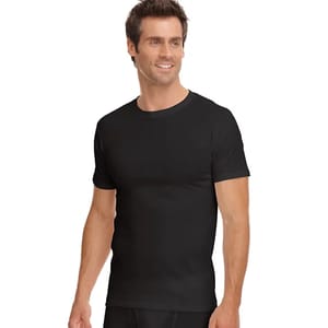 Men's black crewneck t-shirts, short-sleeved and form-fitting. Made from a soft and stretchy material, suitable for layering or casual wear.