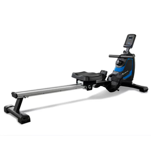 A blue and black magnetic rowing machine with an adjustable seat on a metal track, foot straps, and a digital display screen for tracking workout metrics.