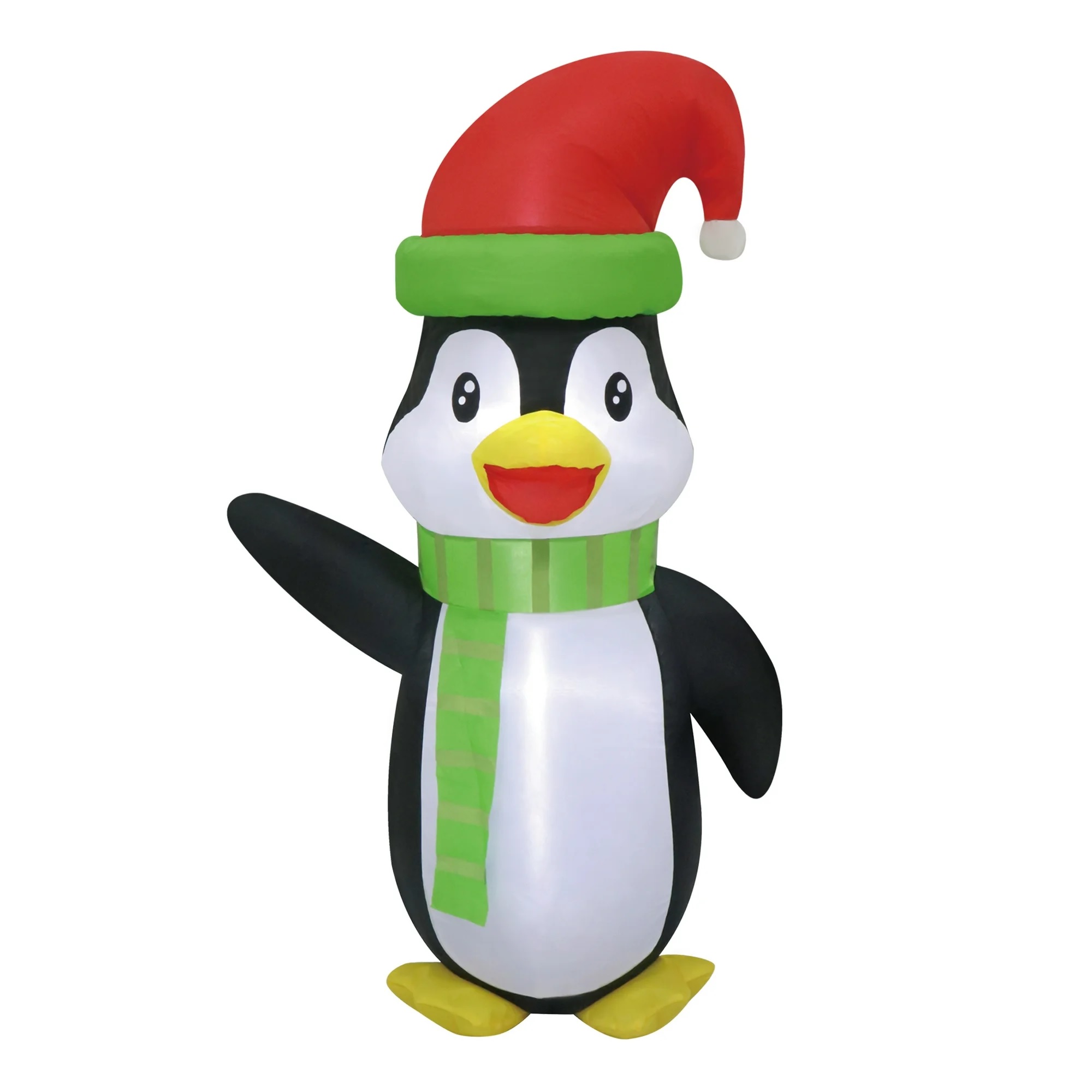 Inflatable penguin decoration wearing a green scarf and red Santa hat.