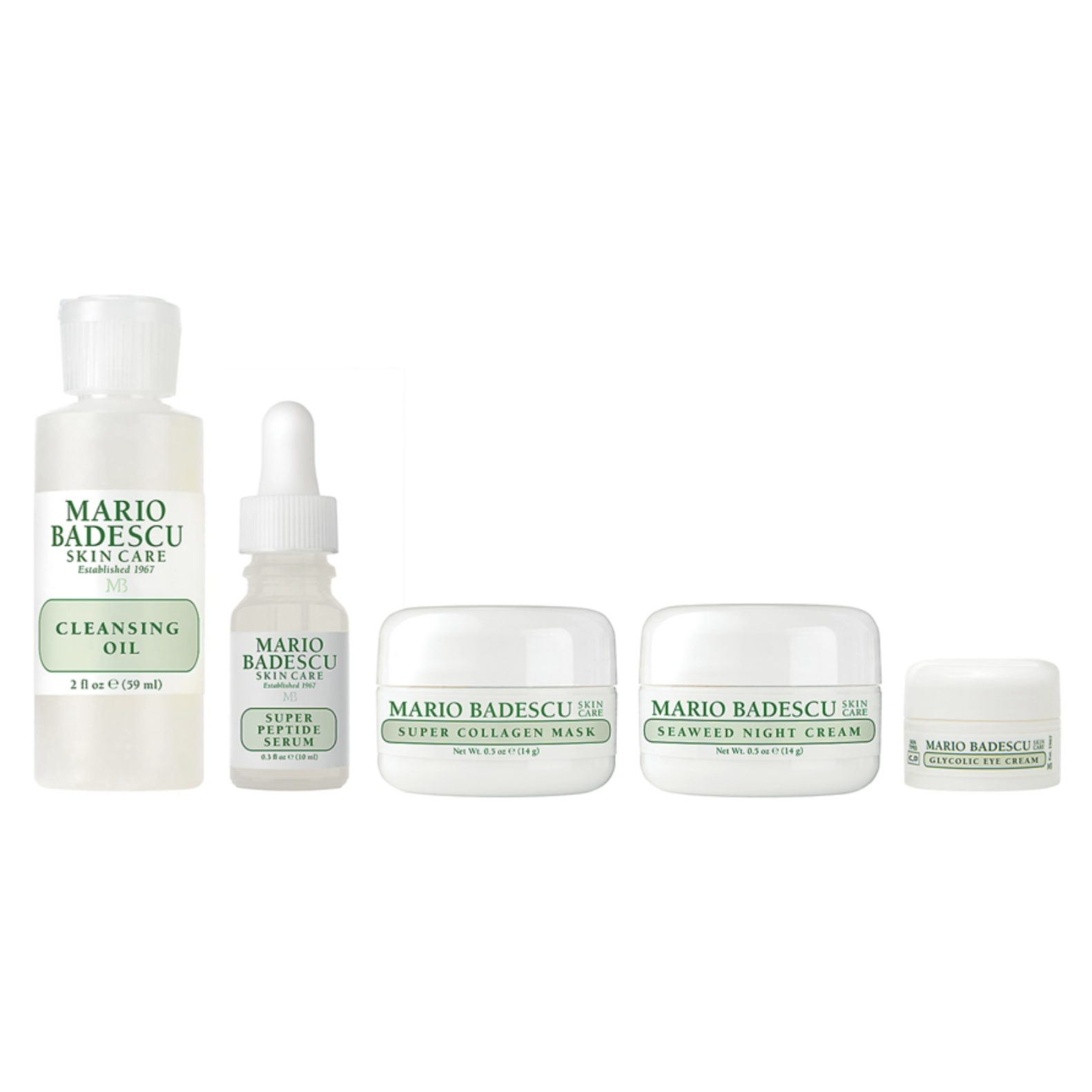 Mario Badescu skincare set: includes Cleansing Oil, Super Peptide Serum, Super Collagen Mask, Seaweed Night Cream, and Glycolic Eye Cream.
