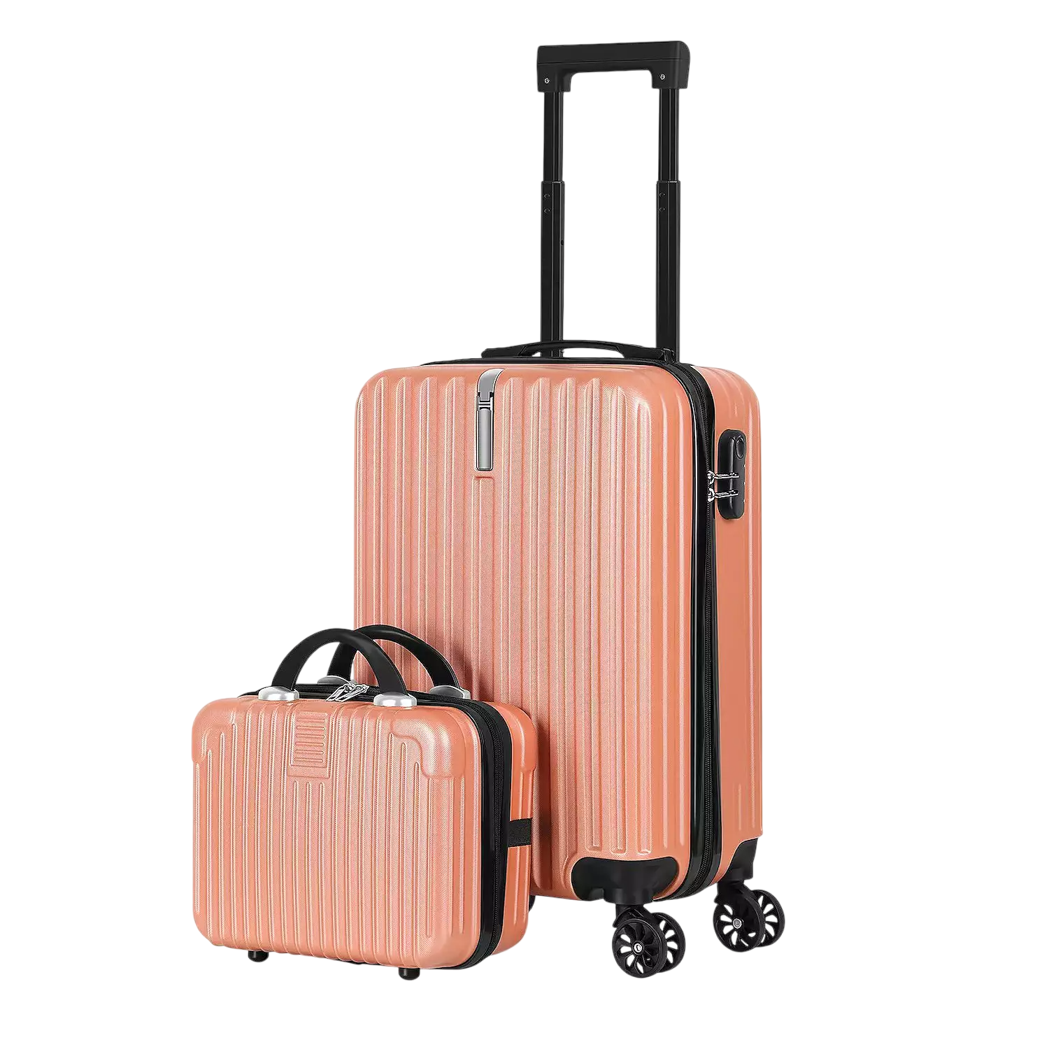 A matching set of peach-colored luggage featuring a large suitcase with four wheels and a retractable handle, alongside a smaller handheld case. Both have a ribbed texture and black accents.