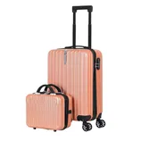 A matching set of peach-colored luggage featuring a large suitcase with four wheels and a retractable handle, alongside a smaller handheld case. Both have a ribbed texture and black accents.