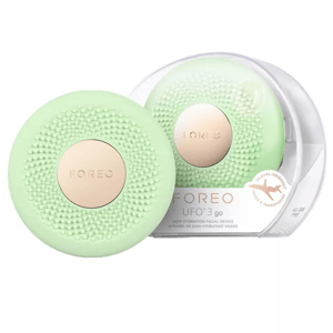 The FOREO UFO 3 go is a compact, travel-friendly deep hydration facial device in mint green. It features a textured surface for skincare application, designed for use with face masks.