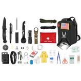 47pc Emergency Survival Kit includes a tactical knife, pen, flashlight, spork, multipurpose tool, paracord, first aid kit, compass, fishing tools, fire starter, wire saw, emergency blanket, scissors, tweezers, and more, all in a compact bag.