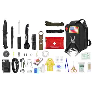 47pc Emergency Survival Kit includes a tactical knife, pen, flashlight, spork, multipurpose tool, paracord, first aid kit, compass, fishing tools, fire starter, wire saw, emergency blanket, scissors, tweezers, and more, all in a compact bag.