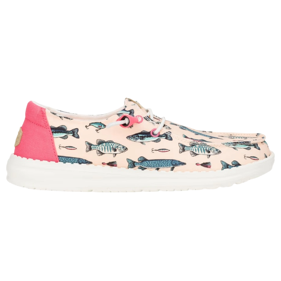 A casual shoe with a pink and white design featuring blue fish and fishing hooks. It has a white sole and pink accents at the heel.