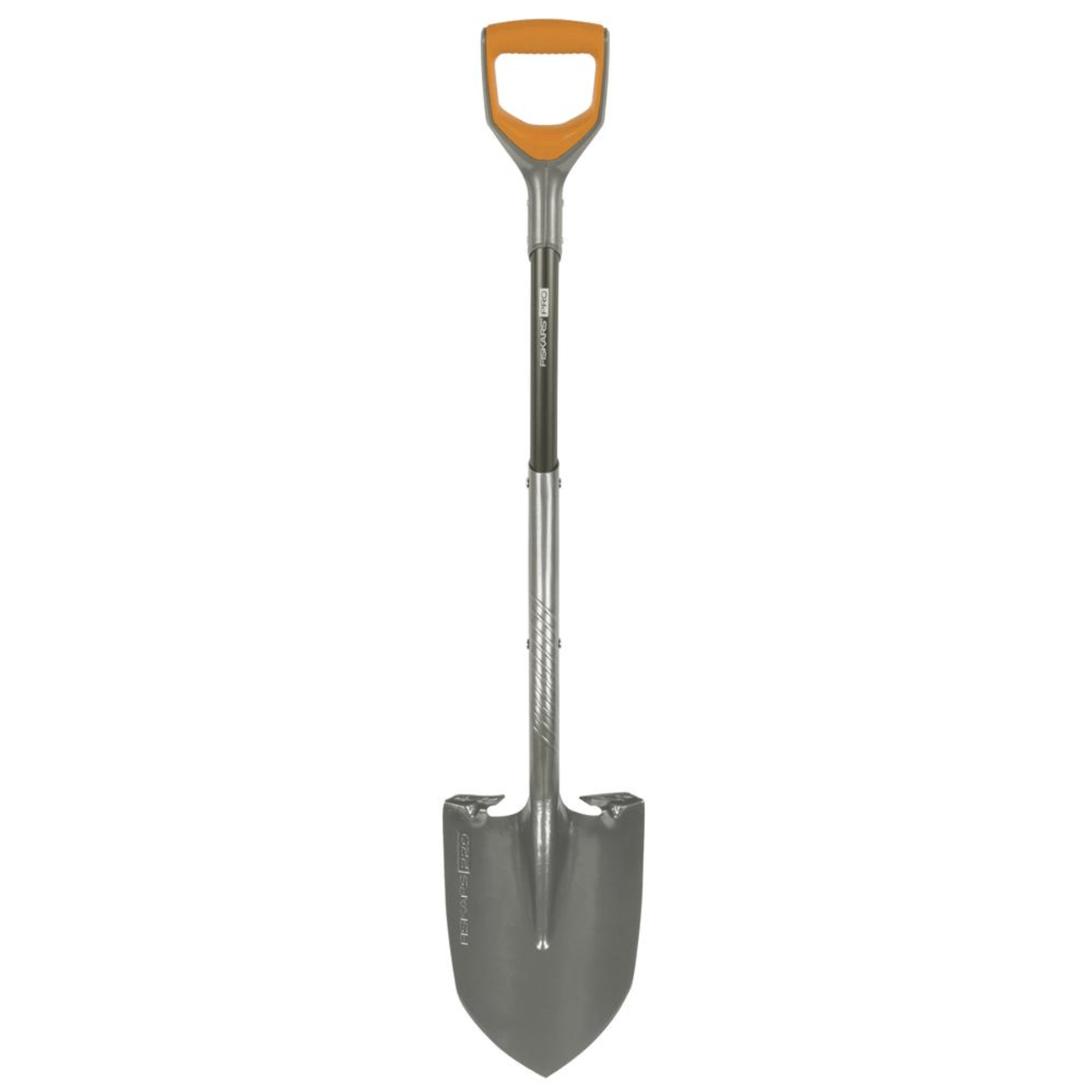 A metal shovel with an orange D-handle and a pointed, curved blade.