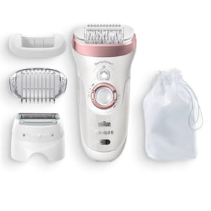 Braun Silk-épil 9 SensoSmart cordless wet & dry epilator shown with various interchangeable heads and a storage pouch.