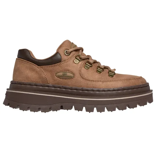 Brown Skechers lace-up sneaker with a rugged outsole and metal eyelets, featuring a leather and synthetic mix with visible Skechers branding on the side.