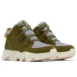 Olive green and gray sneakers with a chunky white sole and patterned laces, featuring a sporty design and pull tab at the heel.