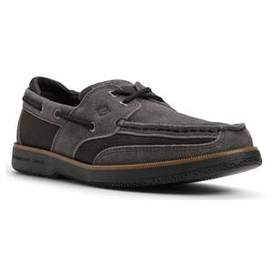 A dark gray boat shoe with black laces, featuring a suede and textile upper and a brown-accented sole.