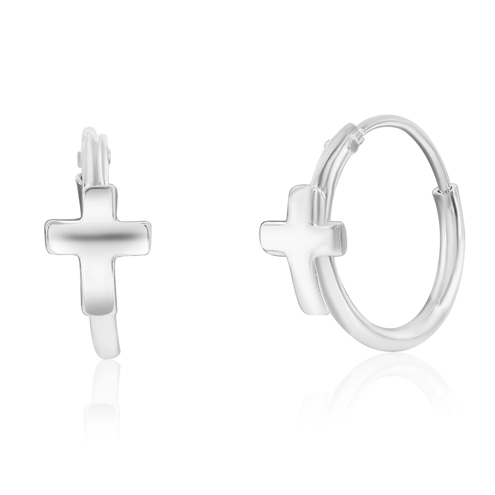Pair of silver hoop earrings featuring a cross design.