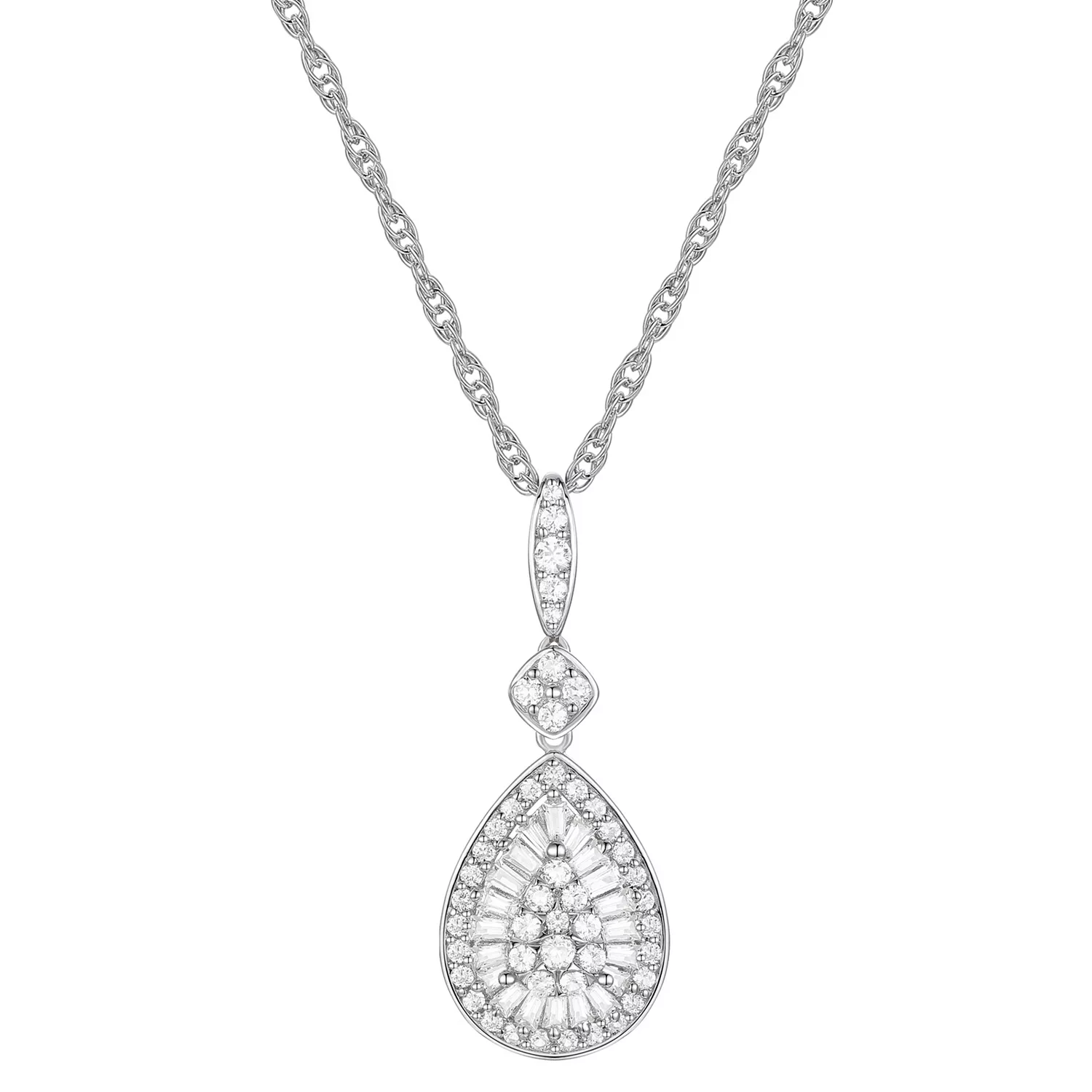 A teardrop-shaped diamond pendant necklace with a central cluster of round and baguette diamonds, set in a silver or white gold chain.