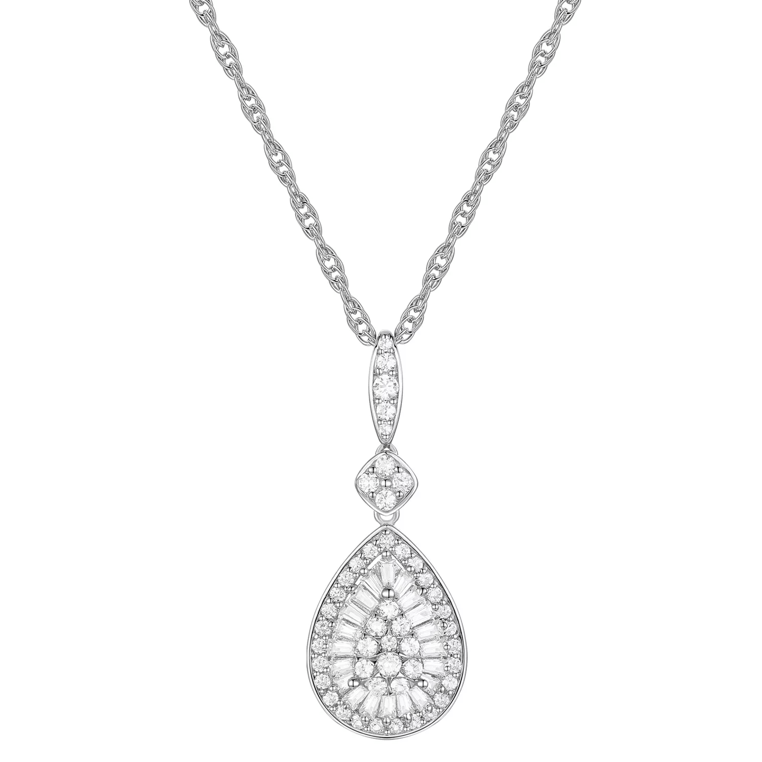 A teardrop-shaped diamond pendant necklace with a central cluster of round and baguette diamonds, set in a silver or white gold chain.