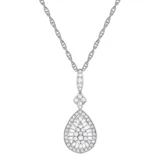 A teardrop-shaped diamond pendant necklace with a central cluster of round and baguette diamonds, set in a silver or white gold chain.