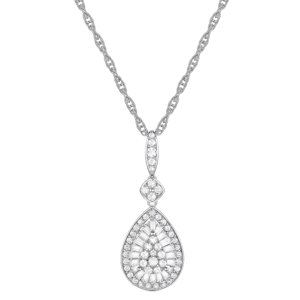 A teardrop-shaped diamond pendant necklace with a central cluster of round and baguette diamonds, set in a silver or white gold chain.