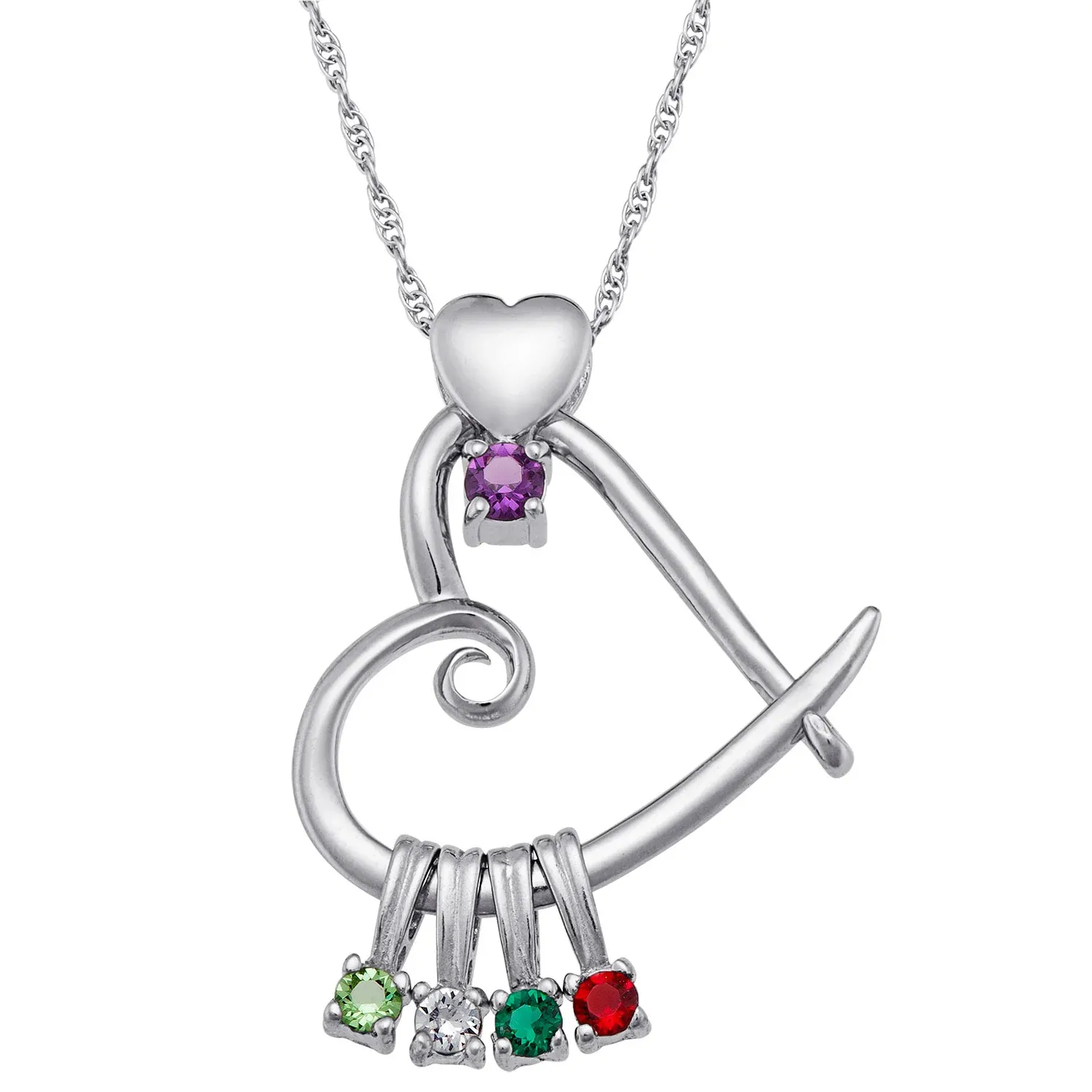 A silver heart-shaped pendant with a purple gemstone at the top and four additional colorful gemstones (green, white, emerald, and red) hanging below.