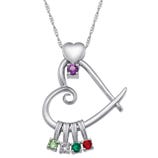 A silver heart-shaped pendant with a purple gemstone at the top and four additional colorful gemstones (green, white, emerald, and red) hanging below.