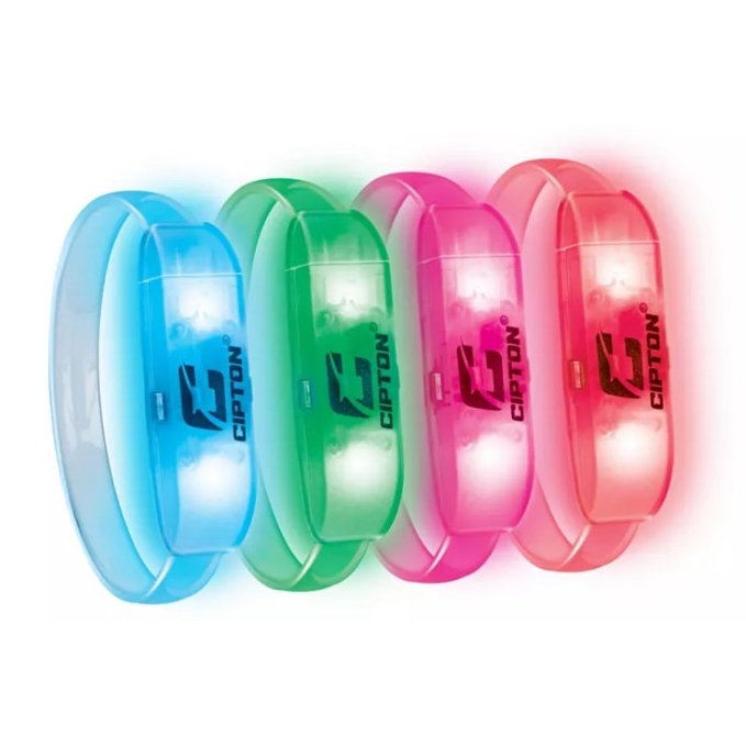 Four LED glow bracelets in blue, green, pink, and red, with a button for activation are shown, designed for visibility at night.