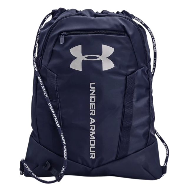 Under Armour drawstring bag in navy featuring the brand's logo and name in white, with a front zippered pocket and rope straps.