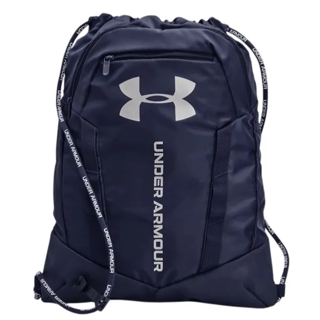 Under Armour drawstring bag in navy featuring the brand's logo and name in white, with a front zippered pocket and rope straps.