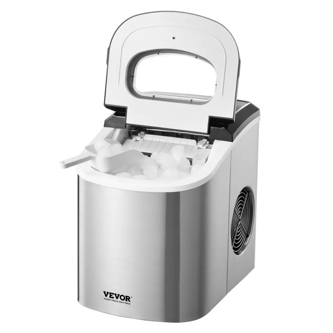 Countertop ice maker with a stainless steel finish, an open lid showing ice cubes, and a side vent.