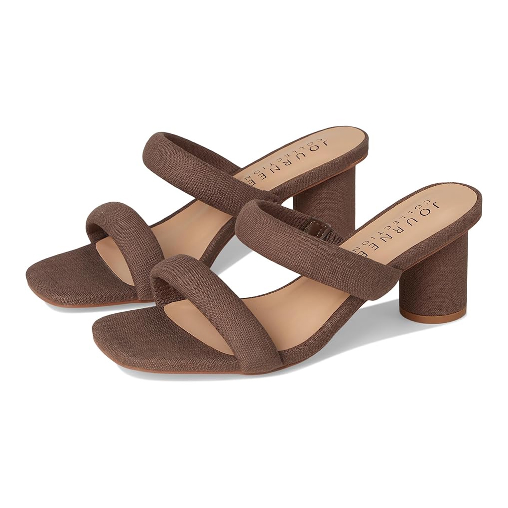 Journee Collection Aniko Sandals are brown open-toe mules featuring two wide straps and a block heel design. They have a simple, elegant style with a cushioned insole for comfort.