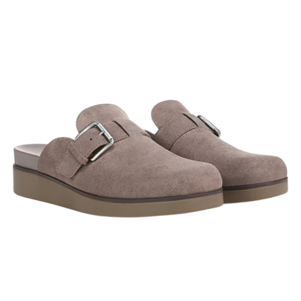 Taupe suede clogs with a silver buckle and a brown platform sole.