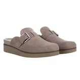 Taupe suede clogs with a silver buckle and a brown platform sole.