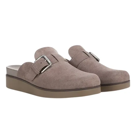 Taupe suede clogs with a silver buckle and a brown platform sole.