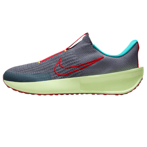 A Nike sneaker with a slip-on design, featuring a gray knit upper, red swoosh, turquoise lining, and a light green sole.