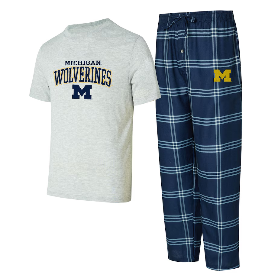 Michigan Wolverines pajama set with a gray T-shirt featuring navy and yellow lettering and a pair of navy plaid pants with a yellow \“M\“ logo.
