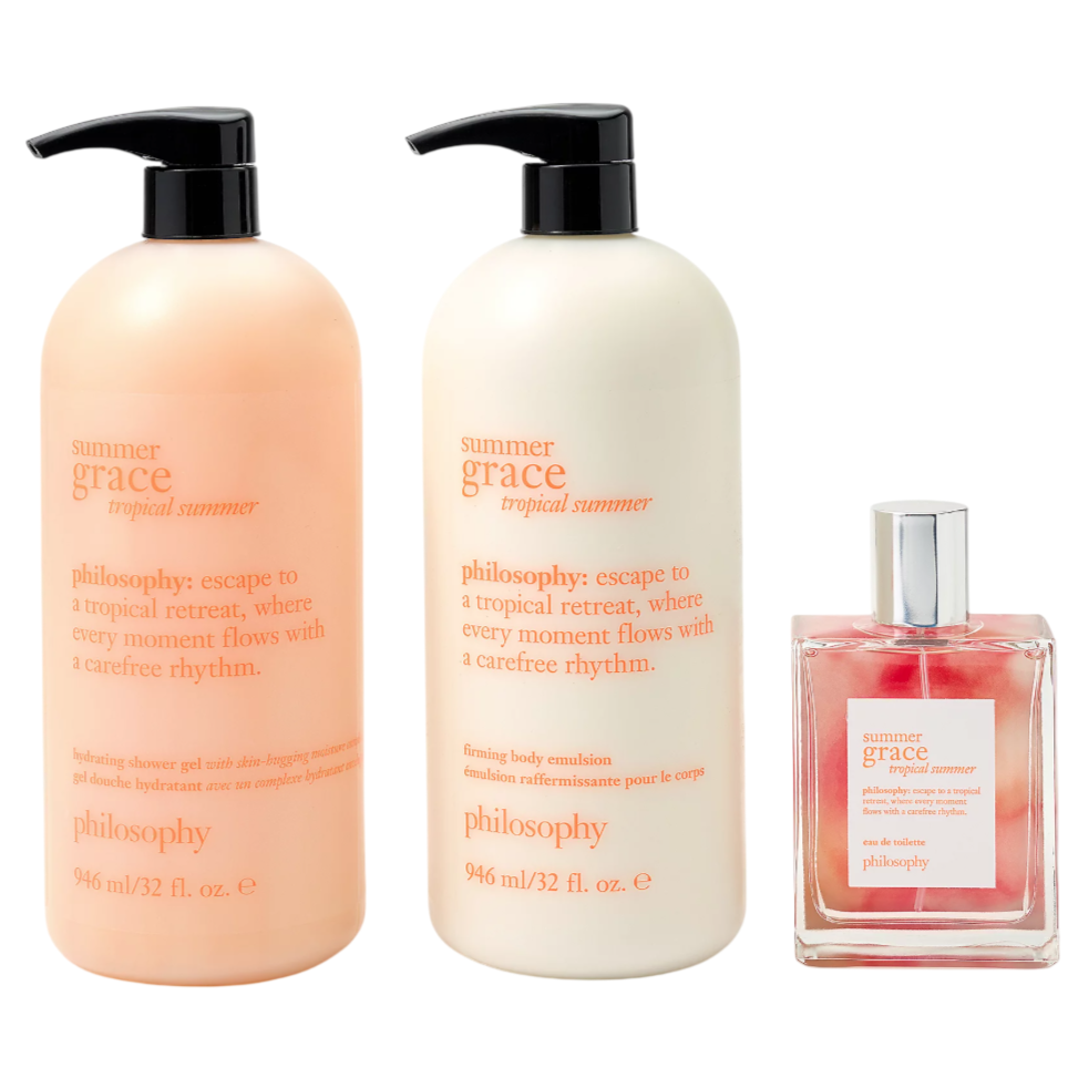 \“Summer Grace Tropical Summer\“ by Philosophy includes a hydrating shower gel, firming body emulsion, and eau de toilette, each with a tropical-themed scent.