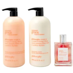 \“Summer Grace Tropical Summer\“ by Philosophy includes a hydrating shower gel, firming body emulsion, and eau de toilette, each with a tropical-themed scent.