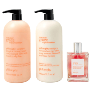\“Summer Grace Tropical Summer\“ by Philosophy includes a hydrating shower gel, firming body emulsion, and eau de toilette, each with a tropical-themed scent.
