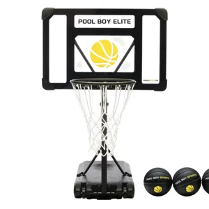 Portable basketball hoop with \“Pool Boy Elite\“ branding, featuring a backboard, net, and base. Includes three black basketballs labeled \“Pool Boy Sports.\“