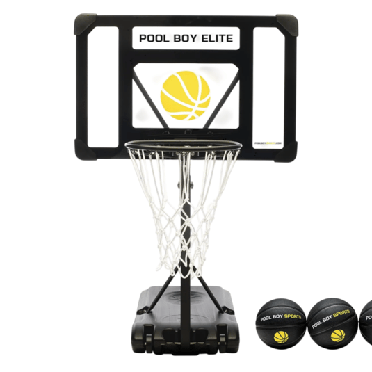 Portable basketball hoop with \“Pool Boy Elite\“ branding, featuring a backboard, net, and base. Includes three black basketballs labeled \“Pool Boy Sports.\“