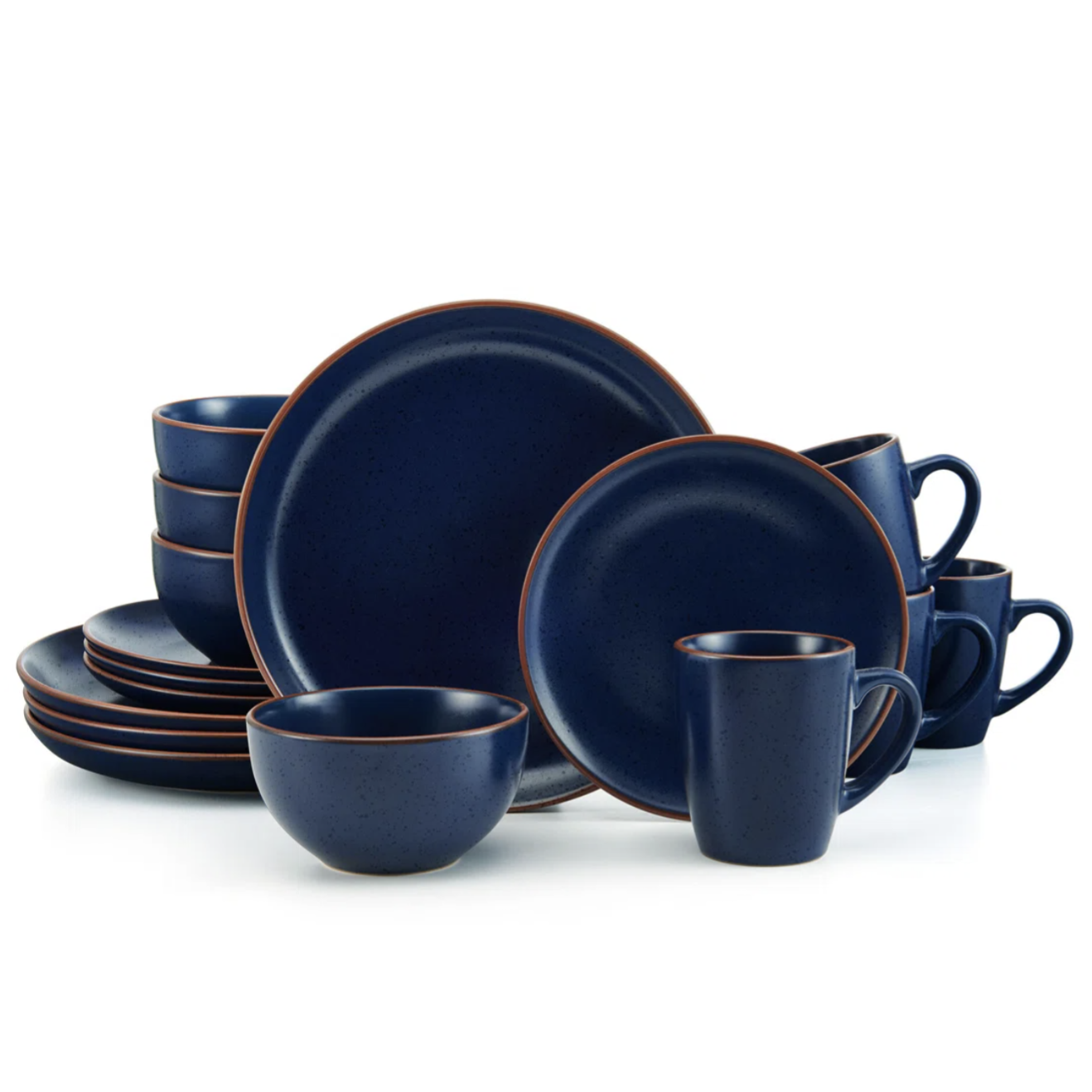 A 16-piece dinnerware set in deep blue with brown edges, including plates, bowls, and mugs, ideal for a family setting.