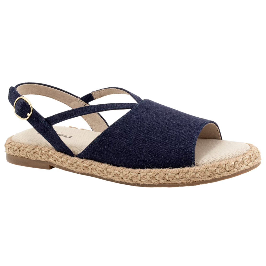 A navy blue espadrille sandal features an open-toe design, criss-cross straps with a gold buckle, and a braided jute sole.