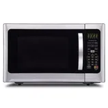Stainless steel microwave with a digital control panel, including buttons for various cooking modes and a prominent door handle.