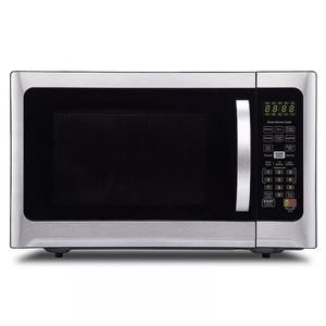 Stainless steel microwave with a digital control panel, including buttons for various cooking modes and a prominent door handle.