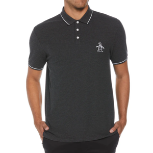 A dark gray polo shirt with white trim and a small penguin logo on the chest.