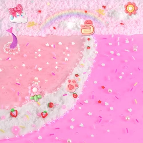 A whimsical design features pink and white fluffy textures with accents like strawberries, hearts, pearls, a rainbow, a flower, and a unicorn tail, creating a dreamy, kawaii-style scene.