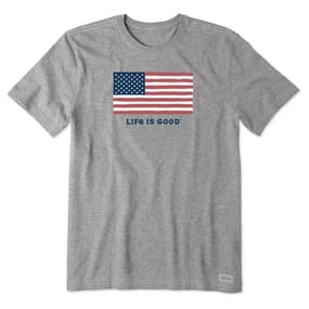 Gray short-sleeved t-shirt with an American flag and the phrase \“LIFE IS GOOD\“ printed on the front.