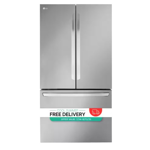 Stainless steel French door refrigerator with a bottom freezer and a promotion for free delivery valid from 7/24 to 9/13/25.