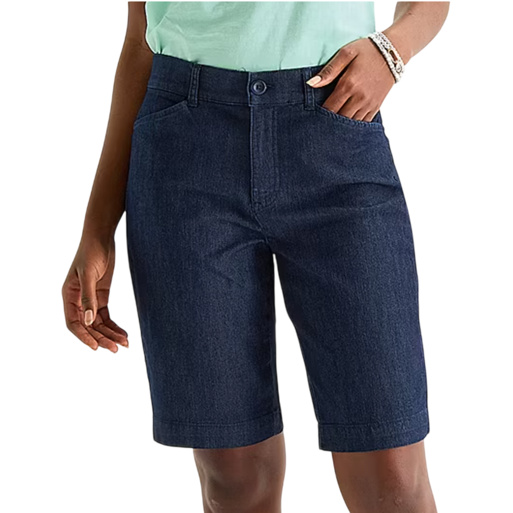 Denim shorts with a button and zip closure, featuring front pockets and reaching just above the knee.