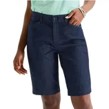 Denim shorts with a button and zip closure, featuring front pockets and reaching just above the knee.