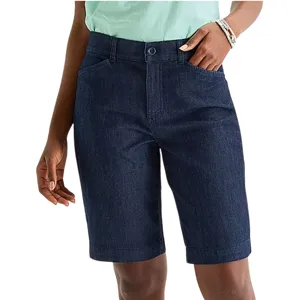 Denim shorts with a button and zip closure, featuring front pockets and reaching just above the knee.